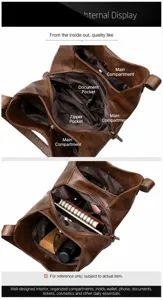 Gedetailleerd overzicht van de bruine lederen shopper binnenkant, met meerdere vakken en zakken.