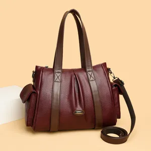 Women's wine red leather shoulder bag large capacity tote bag daily commuter crossbody handbag