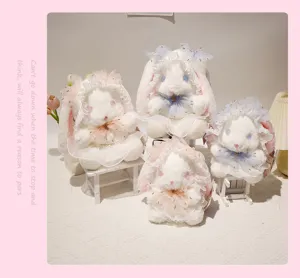 Cute lolita plush rabbit toy set with lace dress and bonnet, soft stuffed animal doll detail.