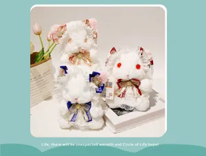 Detail view of cute Lolita rabbit plush toy with lace bows and delicate dress for girls.