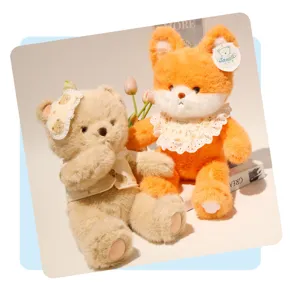 Cute plush toy set featuring soft beige bear and orange animal dolls, ideal birthday gift for girls.