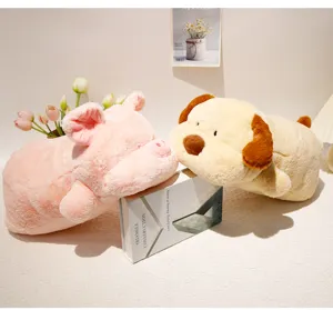 Detailed close-up scene of cute soft plush pig and puppy toys lying together nicely.