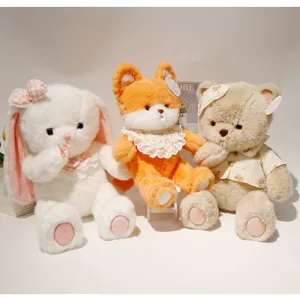 Cute plush toy set featuring a white bunny, orange fox, and beige bear for kids.