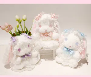 Cute Lolita plush rabbit doll, soft stuffed animal toy with lace dress and bowknot decor.