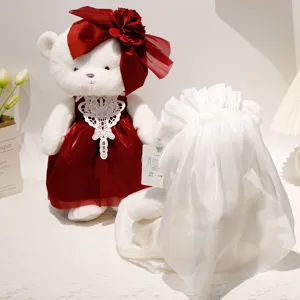 Wedding couple teddy bear plush toy set, red and white bridal doll wedding gift home decor.