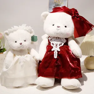 Cute white couple teddy bears plush toys wedding dolls, soft bridal dress room decor gifts.