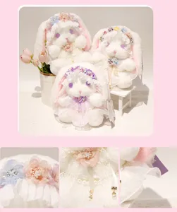 Cute Lolita plush rabbit doll with lace dress and flower crown, soft toy for girls bedroom.