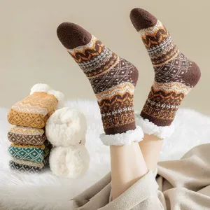 Women Winter Fleece Lined Floor Socks Cozy Sherpa Slipper Socks Ethnic Geometric Knit Indoor Warm Non Slip Socks