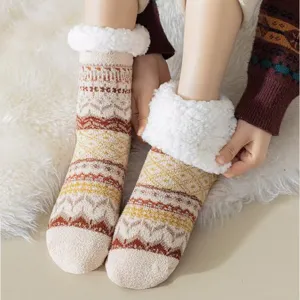 Winter thick warm fleece floor socks for women, cozy fluffy lamb wool lined anti-slip socks