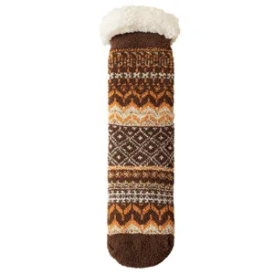 Women thick winter warm cozy fuzzy fleece thermal floor socks with Nordic fair isle pattern