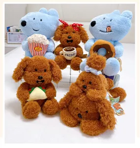 Cute curly teddy dog plush toy and blue bear set, soft stuffed animal doll pillow for kids and gift