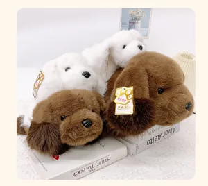 Cute plush dog toy lying down soft brown white puppy pillow detail view for cozy home decoration