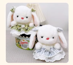 Cute long-eared rabbit plush toy with tweed dress soft doll girl gift home decor display item