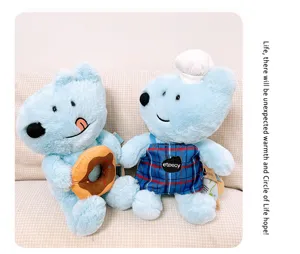 Cute blue puppy plush toy holding donut and chef doll soft pillow for sleeping and gift.
