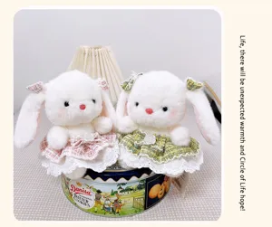 Cute long ear plush rabbit toy in tweed dress, soft bunny doll gift for girls and kids.