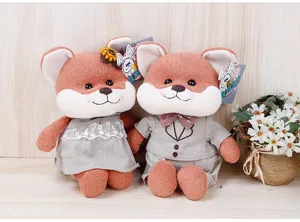 Cute couple fox plush toys set soft stuffed animal dolls with dress and suit for gift