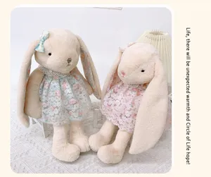 Cute long-eared rabbit plush toy with floral lace dress, soft stuffed animal doll for gifts.