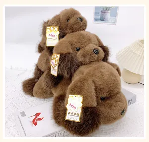 Brown plush dog toy, cute sleeping puppy stuffed doll for kids, soft fluffy animal gift.