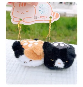Cute magnetic plush cat couple keychain with paw print. Soft stuffed animal bag charm for women.