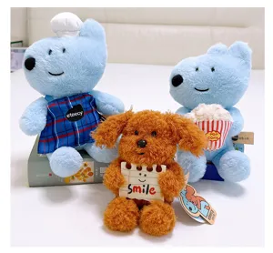 Cute plush toy set featuring blue bears and brown curly puppy with smile sign for kids gifts.