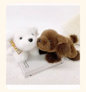 Cute lying posture plush dog toy, fluffy white and brown puppy doll, soft sleeping pillow for kids.