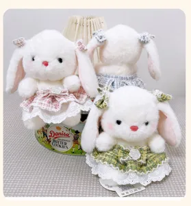 Cute long-eared bunny plush toy detail, featuring stylish tweed dress and delicate lace trim.