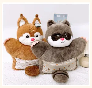 Cute animal plush cushion detail showing soft fur, cute raccoon and squirrel plush design.
