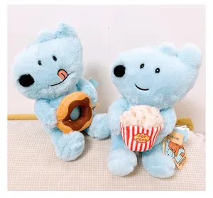 Blue plush dog stuffed animal holding donut and popcorn, cute companion toy for kids