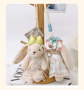 Cute lace floral dress lop-eared rabbit plush toy keychain bag pendant for girls.