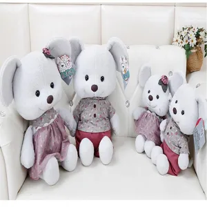 Cute grey plush mouse couple toy set with floral dress and red pants for kids gift