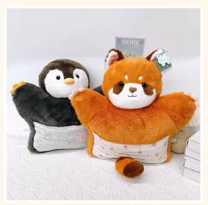 Cute animal plush pillow, soft penguin and red panda cushion with hand warmer pocket for home use.