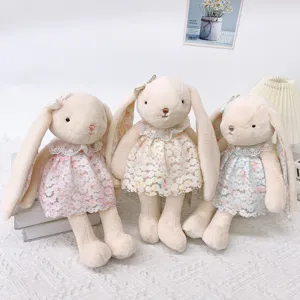 Cute long ear bunny plush toy with lace floral dress, soft stuffed rabbit doll for kids gift.