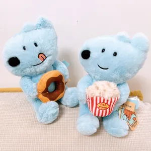 Cute blue puppy plush toy holding donut and popcorn, soft sleeping doll pillow for kids.