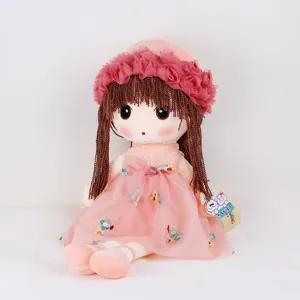 Grazioso giocattolo di bambola di peluche per ragazze, bambola fata morbida con abito rosa e corona.