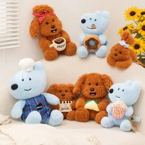 Cute healing puppy plush toy set, soft stuffed doll holding donut and coffee, cozy room decor.