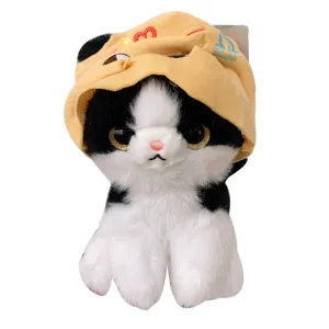 Cute black white plush cat toy keychain wearing yellow hood soft stuffed doll bag pendant gift