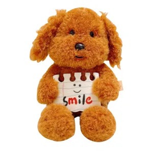 Cute curly teddy dog plush toy holding smile card, soft brown puppy companion doll for kids.