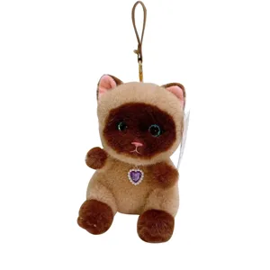 Cute siamese cat plush toy pendant keychain with heart rhinestone charm for bags.