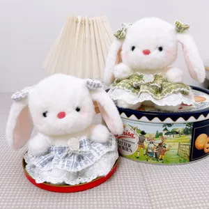 Cute plush rabbit toy with stylish plaid dress and lace, soft stuffed animal for girls gift.