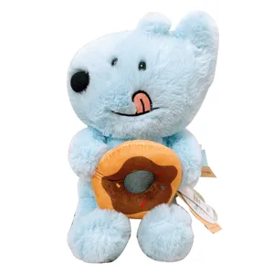 Cute blue plush puppy doll holding sweet donut pillow soft healing toy for kids