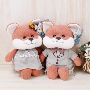 Cute couple fox plush toys set, soft stuffed animal dolls wearing lovely grey outfits for gifts.