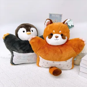 Cute animal plush pillow, adorable penguin and red panda hand warmer cushion for home use