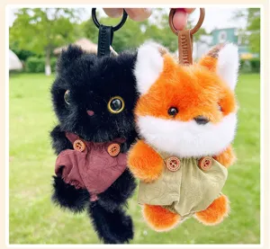 Cute plush fox and black cat keychains with overalls, soft toy bag charms for women gifts.