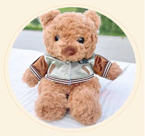 Cute dressed teddy bear plush toy with stylish baseball jacket soft stuffed animal gift for kids.