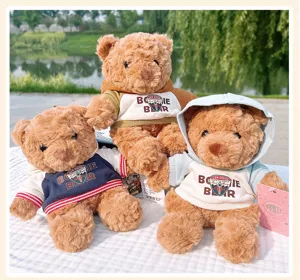 Cute plush teddy bear toy with stylish hooded sweatshirt, soft stuffed doll for gifts.