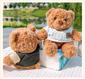 Cute dressed teddy bear plush toy detail shot, soft stuffed animal doll ornament gift with vest.