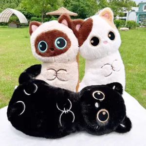 Cute plush cat pillow set, soft stuffed animal toys with siamese and calico cat designs.