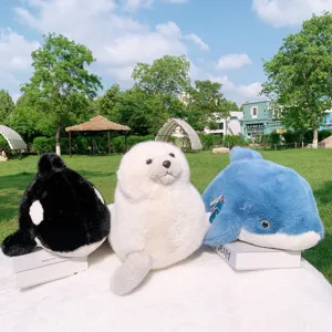 Cute marine series plush toy set, featuring orca, seal and blue whale pillow dolls for gift.