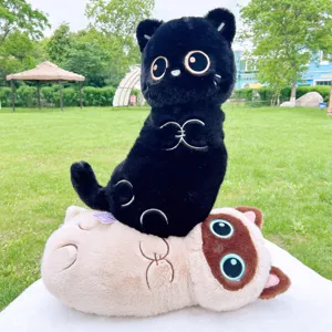 Cute black and siamese cat plush pillow toys, soft stuffed animal dolls for bedroom bed decor.
