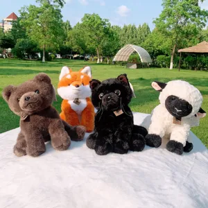 Cute plush toy set featuring brown bear, fox, black cat and sheep dolls for birthday gifts.